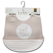Wholesale - 2pc Pinky Beige "Girl Power" & Stroke Stripes Sprint Silicone Bibs Nicole Miller C/P 60, UPC: 195010085885